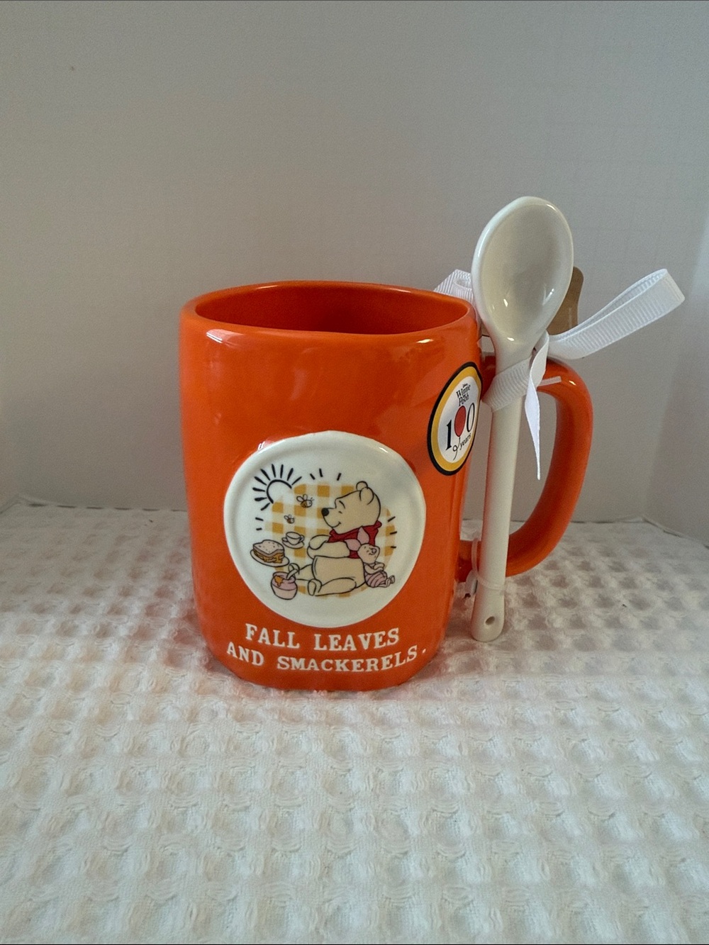 Disney Orange Winnie the Pooh Ceramic Mug with Spoon Attached